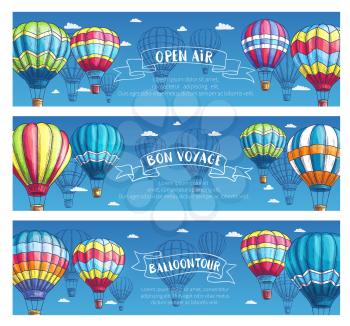 Hot air balloon tourist voyage banners for travel tour advertising of tourism agency or company. Vector design set of hot air balloon adventure on Inflated hopper balloons with patterns