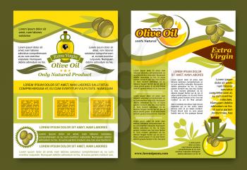 Olive oil product posters set with black and green olives for extra virgin natural cooking oil. Vector design of olive ripe fruits and oil in bottle or jar for organic farm market or store