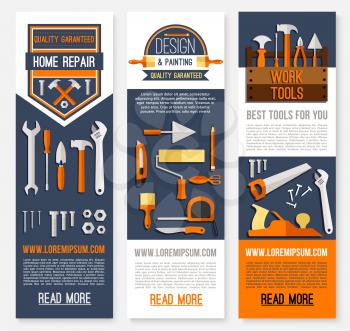 Home repair banners for house finishing and painting. Vector design of construction and carpentry work tools or design instruments of ruler, hammer or paint brush, screwdriver and drill or wrench