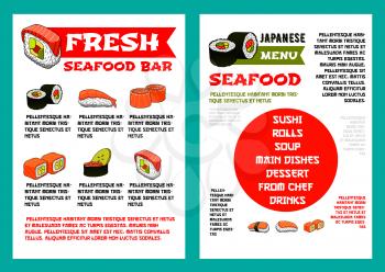 Japanese seafood restaurant and sushi bar menu template. Shrimp nigiri sushi, salmon and tuna roll with avocado, cucumber and red caviar fillings, supplemented with text layouts for asian food design
