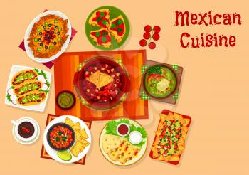Mexican cuisine meat taco and corn nacho snacks icon served with salsa and guacamole sauce, cheese, olive and chilli pepper, tomato bean stew, grilled tortilla with chicken and vegetable
