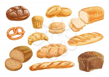 Bread, bakery product watercolor drawing set. Fresh loaf of bread, baguette, croissant, cupcake, toast, burger and sweet bun, pretzel and challah. Natural organic bread, bakery shop design