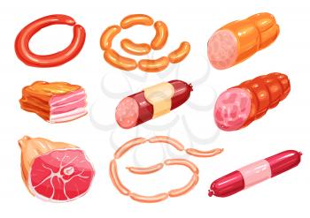 Meat and sausage watercolor food set. Sausage, ham, bacon, salami, smoked frankfurter, pepperoni, bologna and gammon meat product for butcher shop, meat store, grill menu design