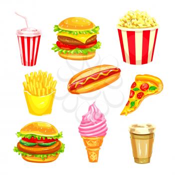 Fast food and drinks watercolor illustration set. Hamburger, cheeseburger, hot dog, coffee and soda cups, pizza, french fries, ice cream cone and popcorn takeaway dishes for restaurant menu design