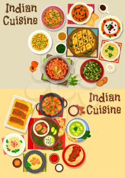 Indian cuisine healthy dinner icon set with chicken, fish and chickpea curry with rice, vegetable salad, lentil and tomato chutney, chilli potato stew, spinach, cheese, corn soup, fruit cream dessert