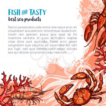 Fish and seafood product sketch poster of atlantic ocean crab, shrimp, lobster and squid. Sea animals swimming among seaweed and coral banner for fish market, seafood restaurant menu, fishing design