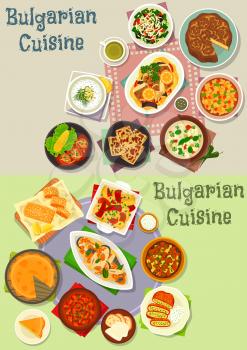 Bulgarian cuisine lunch dishes icon set of meat and fish stew with tomato and bean, stuffed pepper with cheese, vegetable salad, yogurt and bean soup, cheese, potato and fruit pie, meatball