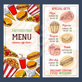 Fast food menu template design with prices for pizza, popcorn or burgers and drinks. Fastfood discount for hot dog sandwich, ice cream and donut cakes desserts and coffee or soda for cafe or bistro