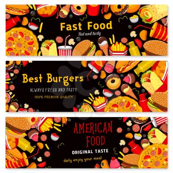 Fast food banners set for restaurant. Vector design of cheeseburger or hamburger sandwich, donut cake dessert and ice cream, hot dog, pizza and fastfood snacks and meals for restaurant or cafe