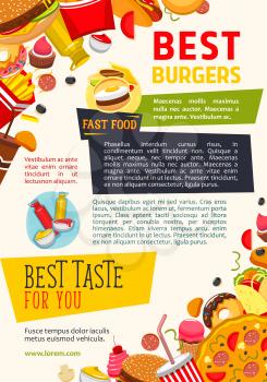 Fast food restaurant and burgers vector poster. Design of fastfood burgers and chicken grill meals, popcorn and french fries snacks, hot dog sandwiches and ice cream or donut desserts with ketchup or 