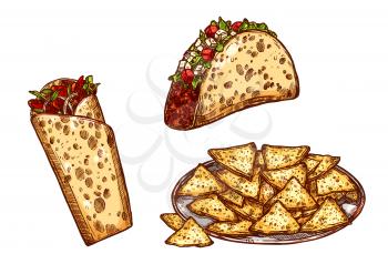 Fast food tacos, burrito or doner wrap, nachos chips. Vector sketch isolated icons for Mexican or Spanish cuisine fastfood. Spicy appetizers with meat and vegetables for delivery of takeaway menu desi