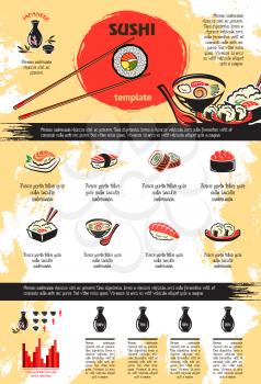 Sushi vector infographics template. Vector statistics and diagrams on sushi and rolls consumption, seafood and tempura calories with elements of sashimi salmon fish and tempura shrimp, steamed rice an