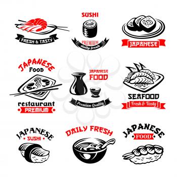 Sushi icons set for Japanese seafood or sushi bar. Vector isolated symbols sashimi rolls and salmon fish, noodles or miso soup, bento and tempura shrimp with steamed rice and soy sauce for menu design