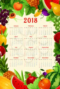 Fresh fruits calendar 2018 template. Vector frame design of summer fresh pomegranate, apricot or exotic pineapple and watermelon, pear and tropical banana. Farm harvest peach, grape and plums or melon