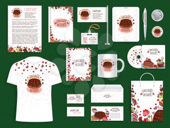 Corporate identity set for bakery and pastry shop, dessert cafe and restaurant. Business branding template of business card, envelope, t-shirt and stationery with chocolate cake, ice cream and candy