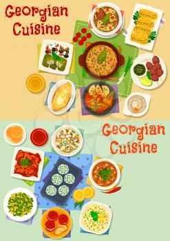 Georgian cuisine tasty lunch icon set. Grilled meat, walnut sauce, potato cheese pie with egg, vegetable salad with meat and nut, cheese ball, beef and chicken stew, cabbage roll dolma, meat rice soup