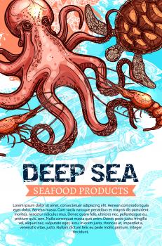 Seafood product and deep sea fishing banner. Ocean fish, shrimp, octopus and sea turtle sketches with ribbon banner and text layout below for fish market, seafood restaurant, fishing trip flyer design