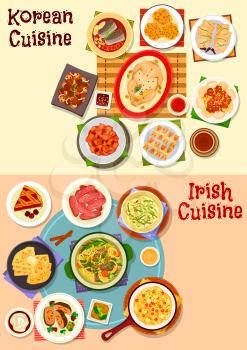 Korean and irish cuisine icon set. Grilled meat, pork sausage, kimchi cabbage, rice and potato pancake, meat vegetable stew, chicken soup, beef roll, fish in soy sauce, fried tofu, cherry pie