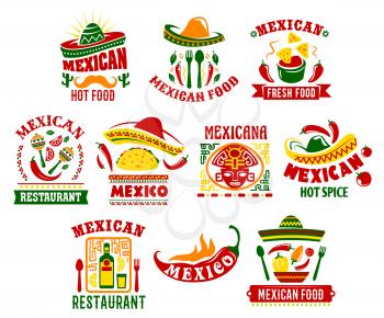 Mexican cuisine icon set with traditional spicy food. Mexican fast food restaurant chilli pepper and tomato sauce salsa with corn nachos, meat taco dishes with sombrero hat, maracas and cactus