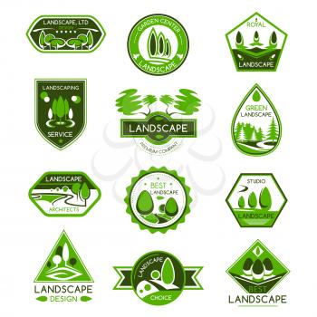 Landscape design isolated badge set. Park and garden landscape architecture studio and gardening center emblem with green tree and plant for landscaping service design