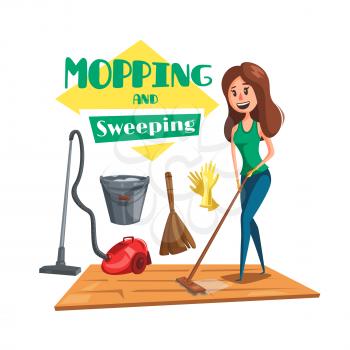 Mopping and sweeping home work or cleaning service vector poster. Woman or housewife cleaning room floor with vacuum cleaner, wet mop rag, broom or brush with water bucket and rubber gloves