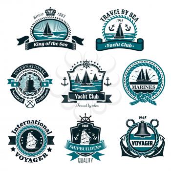 Nautical and marine icons set for yachting club or ship builders and seafarer heraldic badges. Vector isolated symbols of ship anchor, seagulls and sailor knot rope, captain helm wreath with stars