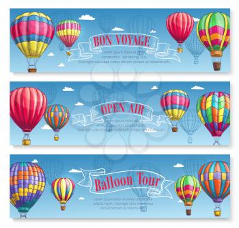 Hot air balloon tour or voyage banners set. Vector sketch design of inflated hopper balloons with pattern decor of zig zag, stripes or square checkered patch for summer vacations or open air festival