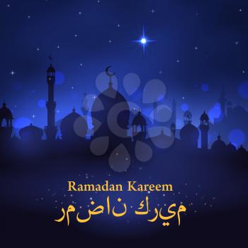 Ramadan Kareem greeting card design of mosque, crescent moon and twinkling star on night blue sky. Vector Arabic ornament calligraphy text for Islamic or Muslim Ramadan religious holiday celebration
