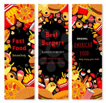 Fast food banners set of cheeseburger sandwich, burger or hot dog and french fries or chicken legs and wings snacks, pizza and popcorn or ice cream dessert and drinks for fastfood restaurant menu