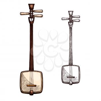 Japanese string music instrument. Shamisen, samisen or sangen vector sketch symbol of musical plucking type of guitar with three strings for ethnic or folk music concert or festival design