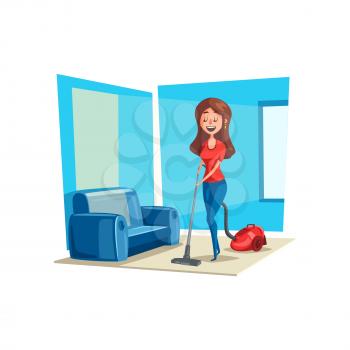 Woman cleans room floor with vacuum cleaner. Vector poster of housewife cleaning flat carpet or sofa and smiling or singing. Young or adult woman in daily home work or cleaning service concept