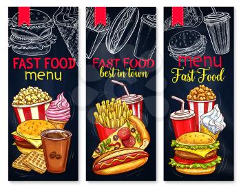 Fast food menu banners for restaurant or cafe. Vector combo set of popcorn, cheeseburger and coffee or waffles. Fastfood combo of french fries, hot dog and pizza or soda drink and ice cream dessert