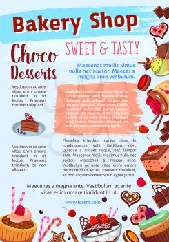 Desserts and cakes poster for bakery shop or patisserie pastry. Vector design of cupcake and chocolate muffin or brownie and ice cream, biscuit sweets and fruit pies or tiramisu torte for cafeteria