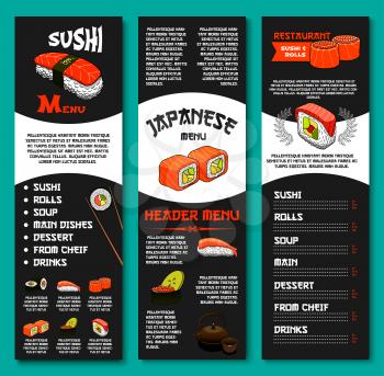 Japanese sushi menu banners set with prices for sushi rolls and seafood. Vector noodle or miso soups and main dishes of fish sashimi and shrimp tempura, chef desserts and green tea drinks