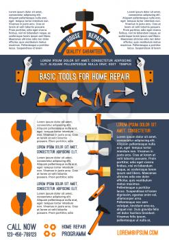 Home repair poster vector template for house finishing and painting service of work tools or instruments of paint brush and mallet, hammer or trowel and spanner wrench or screwdriver and bolts