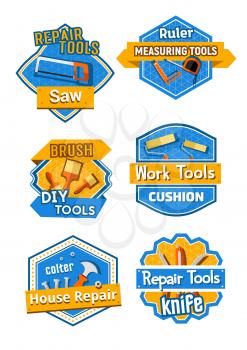 Home repair and construction service company icons set. Vector isolated symbols of carpentry saw, ruler measure or DIY toolbox of paint brush, hammer and nails or screwdriver and screws or bolts
