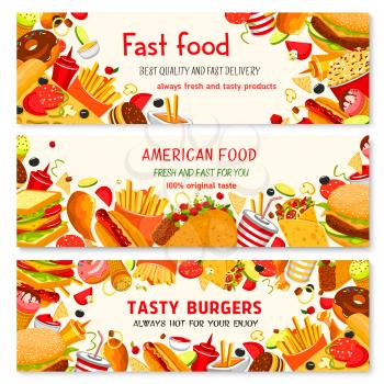 Fast food banners set with fastfood sandwiches and snacks or desserts of ice cream, popcorn and french fries, cheeseburger or hamburger and hot dog or pizza for takeaway or delivery vector design