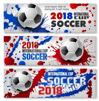 Soccer ball banner set for football sport game competition template. Soccer ball with paint splashes and splatters for football championship match or soccer tournament flyer design
