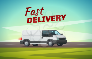 Delivery truck or van cartoon poster of commercial motor vehicle. Fast delivery car riding on road for transportation and delivery service advertising banner, shipping and logistic concept design