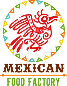 Mexican cuisine icon design of Aztec bird and flags for Mexico restaurant or food cafe. Vector isolated Mexican Mayan symbol for fast food bistro bar or national tacos and burrito snacks