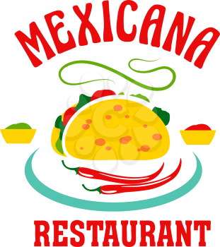 Mexican restaurant icon of jalapeno chili red pepper and tacos snack or burrito. Vector isolated symbol of Mexican traditional sandwich snack or meals for fast food bistro or Mexico fastfood cafe