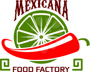 Mexicana restaurant icon of jalapeno chili red pepper and tequila lime for fast food bistro or Mexico fastfood cafe. Vector Mexican traditional meals food factory isolated symbol design