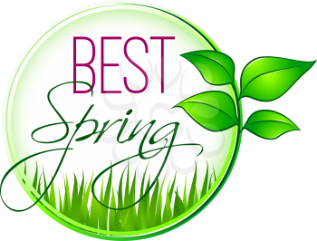 Best Spring icon design of green leaf and grass for springtime wishes or seasonal holiday greeting card. Vector isolated green leaf and grass with plant sprout of flower for spring season celebration