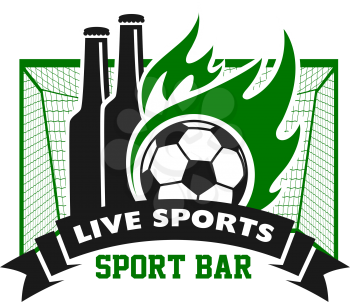 Soccer live sports bar icon of beer bottles and football ball in fire flames goal. Vector isolated symbol of beer pint for soccer game championship cup and beer pub menu design