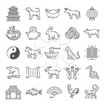 Oriental Chinese culture monochrome icons. Zodiac animals and lantern, rice and china teapot, coins for luck and pagoda, yin yang and fireworks, fan and fish outline line art signs vector isolated
