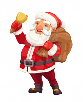 Christmas Santa Claus cartoon character with bag of presents and gifts, red suit, hat and golden bell. Xmas and New Year winter holidays vector design for greeting card or festive postcard