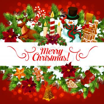 Merry Christmas greeting card of snowman at Xmas tree decoration and Santa gifts in holly or poinsettia wreath. Vector winter holiday season wish lettering on red light shiny sparkling blur background