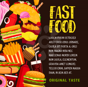 Fast food banner with lunch snack and drink. Hamburger, hot dog and cheeseburger, fries, soda and coffee, donut, chicken nuggets, sandwich, ice cream and taco for restaurant menu design