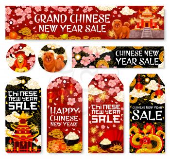 Chinese New Year sale on tags and banners of golden decorations and traditional Chinese ornaments. Vector dragon, fan or paper lanterns and fireworks for China lunar new year holiday sale discount