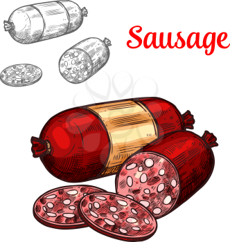 Pork meat sausage sketch of sliced salami. Cured sausage or smoked frankfurter with red casing and golden label isolated icon for grocery market food packaging and butcher shop design